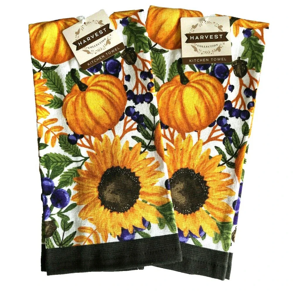 Thanksgiving Sunflower Kitchen Dish Towels Fall Autumn Harvest Cotton Set of 2